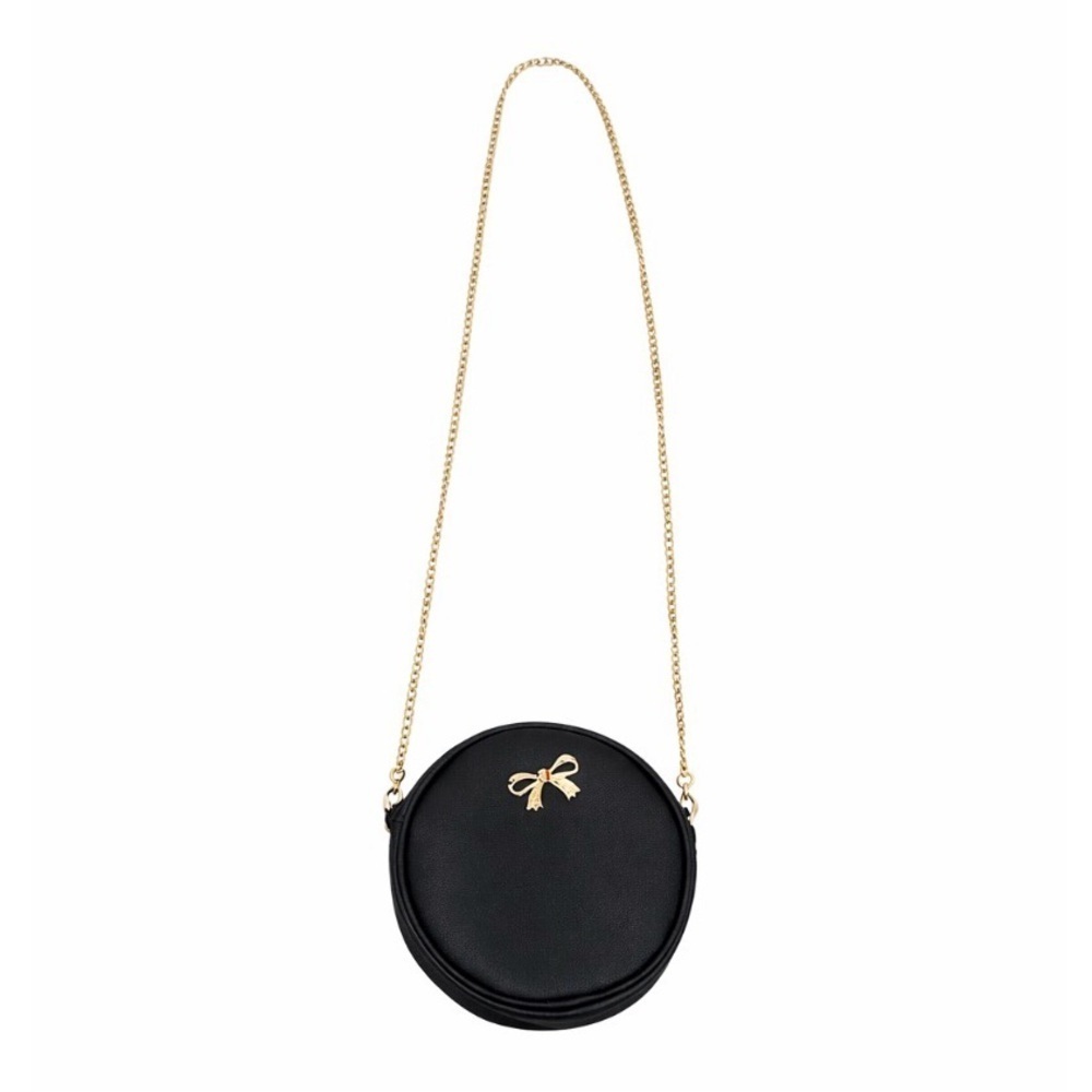 Black Round Crossbody Bag with Gold Chain faux leather zip top teen/tween